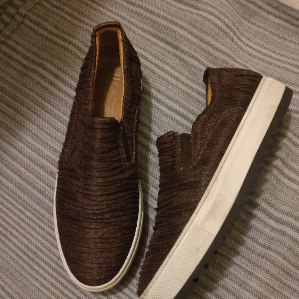Salvatore Ferragamo Mens Brand New slip on chocolate Brown Canvas boat shoes